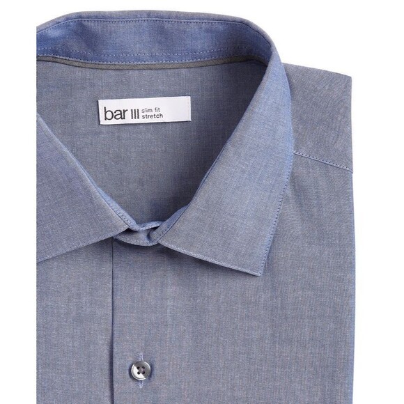 Bar III Men's Slim Fit Stretch Chambray Long Sleeve Dress Shirt Indigo Blue L - Picture 2 of 8